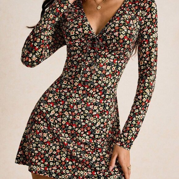 Multicolor Boho Women's Long Sleeve Tie Front V Neck Skater Floral Dress - Picture 3 of 7